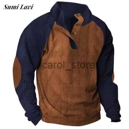 Men's Hoodies Sweatshirts Vintage Patchwork Corduroy Sweatshirts Men Casual Long Sleeve Buttoned Stand Collar Hoodie Mens Autumn Fashion Ribbed Pullovers J231115