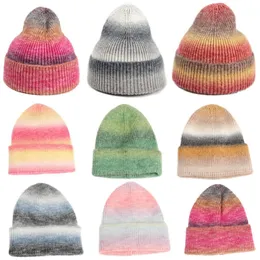 Зимние шапки для женщин и мужчин, шерстяная вязаная шапка с большой головой, радужные градиентные цвета, теплые шапочки для мальчиков и девочек, уличная ветрозащитная Gorra Mujer