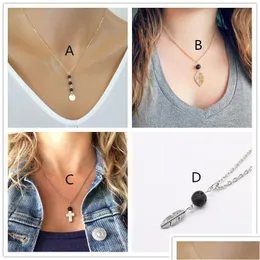 Pendant Necklaces Natural Black Lava Stone Necklace Cross Leaf Sier Gold Color Heart Aromatherapy Essential Oil Diffuser For Dhgarden Dhedq