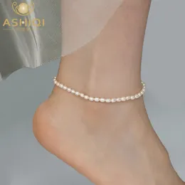 Anklets Ashiqi Natural Freshwater Pearl Pearl Anklet Lady Elastity Chain Bransoletowa bransoletka biżuteria dla kobiet Trend 231115