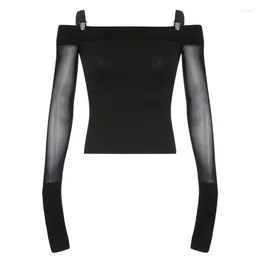 Women's T Shirts Women Rib Knit Trim Tee Tops Mesh Long Sleeve Cold Shoulder Suspender Clips Harajuku Gothic Bodycon Pullover T-Shirts
