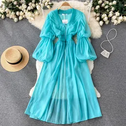 Casual Dresses Mesh Lantern Sleeves Long Slit Shirt Women High Waist Thin Fairy Chiffon Blouse Jacket French Design Sense Mujer Blusa 2023