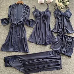 Womens Sleepwear lisacmvpnel 5 pcs مجموعة نساء بيجاماس الدانتيل مثير مع لوحة الصدر بيجاما ساتان ناعمة بيجامات 230414