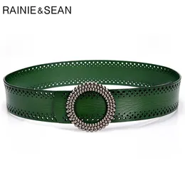벨트 Rainie Sean Blackish Green Women Belt No Hole Ladies Belts for Dresses Real Leather 고품질 의류 액세서리 100cm 231115