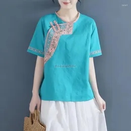 Etniska kläder 2023 Summer Chinese Style Brodery Cotton Cheongsam Top Women Loose Round Collar Retro Short Sleeve S115