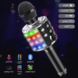 Freeshipping bezprzewodowy mikrofon karaoke 4 w 1 mikrofon Bluetooth dla dzieci z LED Light Light Record Remix Funkcja Huqpa