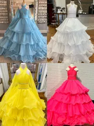 Layer Girls Ruffle Pageant Dress Ballgown Cape Crisscross Halter 2023 Chiffon Little Kid Birthday Formal Party Wedding Guest Runway Gown Toddler Teens Preteen Real