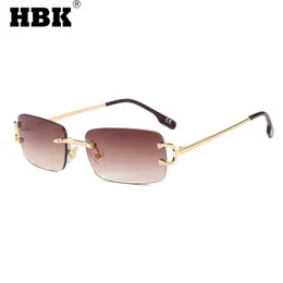Óculos de sol HBK Retro Rimless Sunglasses para Mulheres Homens Pequeno Quadrado Quadro de Ouro Marca Design Tea Shades Retângulo UV400 Zonnebril Eyewear 231114