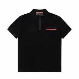 Designer Mens Prads T-shirt blixtlås Polo Lapel Cotton Prad Shirt Womens Casual Loose Classic Black and Red Card Short Sleeve PRD