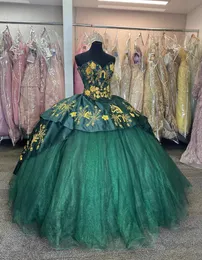 هانتر الأخضر المكسيكي تشارو Quinceanera فساتين الحبيب الذهب الحصان التطريز Vestido de 15 Anos Prom Birthday