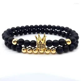 Charm Bracelets Fashion 6mm Black Frosted Copper Bead Hand String Bracelet Personality Temperament Micro Inset Zircon Crown Coup