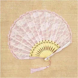 Party Favor Pink White Retro Spanish Bamboo Carved broderad spet Handfläktdansskal vikning ZA4969 Drop Delivery Home Garden Dh90s