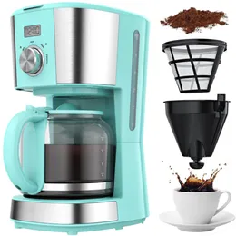 12-koppar programmerbar kaffebryggare, dropp kaffemaskin kaffebryggare med timer, anti-dropppanna, återanvändbart filter, auto hålla varm funktion för
