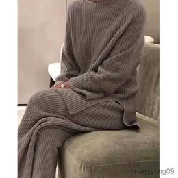 abbigliamento per la casa Abito da donna a righe casual Casa due pezzi Abito bianco lavorato a maglia Abito caldo per interni autunno Girocollo manica lunga set per la casa R231115