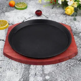 Plakalar 1pc 19cm Dökme Demir Biftek Plakası Fajita Pan, Ahşap Tepsi Griddle Servis Barbekü Izgara Yemeği Sizzle