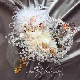 Wedding Flowers PEORCHID Luxury Crystal Brooch Bouquet Pearls Feathers Gold Boque Da Noiva Handmade Rhinestone Bridal Bouquets