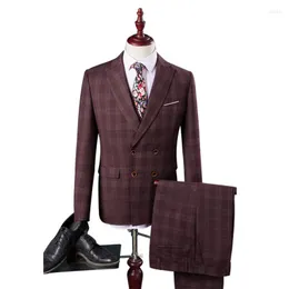 Men's Suits Men's Slim Fit 3 Pieces Suit Double Breasted 2 Buttons Business Casual Wedding Prom Formal Wine Red Jacket Vest &