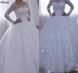 Glitzernde Pailletten in Weiß und Elfenbein, Ballkleid, Brautkleider, Juwelenausschnitt, lange Ärmel, muslimische Brautkleider, Puff, langer Zug, modern, Übergröße, Vestidos de Novia Bride, CL2927