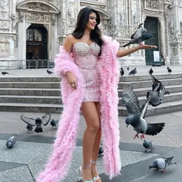 Luxury Sequined Short Sheath Prom Dresses Sweetheart Pärled Mini Cocktail Party Dress with Cape Feather Scarf Vestidos de Novia