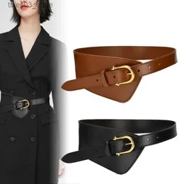 Bälten Retro Brown Leather Girdle Women Casual Luxury Design Sweater Coat Dekorativ midjeband Gothic Retro Korean Fashion Wide Belt Q231115