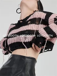 여자 스웨터 lotdootn y2k hollow out 자른 니트 작업복 상단 여성 빈티지 느슨한 분홍색 줄무늬 크로 셰 뜨개질 풀오버 크롭 탑 요정 그런지 스웨터 231115