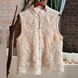 Kvinnors västar 2023 kinesisk stil traditionell klädkvinnor spets broderi väst topp 3xl retro elegant ärmlös tangsuit hanfu pd