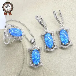 Zestawy biżuterii ślubnej 95%zniżki Srebrne 925 Niebieskie opalowe zestaw biżuterii dla kobiet Naszyjnik Kolczyki Wisiorki Zestawy Pierścień na urodziny Prezent 231115