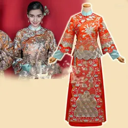 Scenkläder orange röda kinesiska bröllop Hanfu Angelababy Huang Xiaoming Pardräkt set republikansk period brud och brudgum
