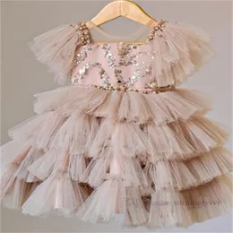 Многоярусное кружевное тюлевое платье с блестками для девочек, бальное платье, детское газовое платье с бисером Falbala с рукавами-крылышками, платье принцессы, детская одежда для дня рождения Z5430
