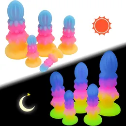 Anal Toys Luminous Sex for Women Men Colorful Glowing Dildo Silicone Monster Dildos Sug Cup Butt Plug Dilator 231114