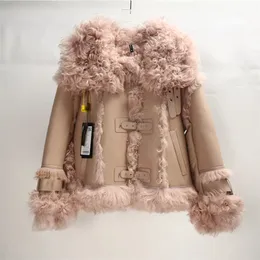 Pele feminina falsa 2023 luhayesa toscana cordeiro shearling casaco menina rosa curto quente jaqueta de inverno roupas fashoin 231114