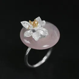 Klusterringar Inatur 925 Sterling Silver Lotus Flower Ring Natural Crystal Wedding for Women Engagement Smyckespresent