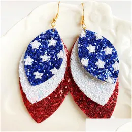 Dangle Chandelier Mtilayered Glitter Pu Leather Leaves Ohrringe For Women Men Red White Blue American Independence Day Nat Dhgarden Dhqgv