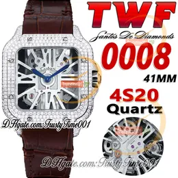 TWF TWE0008 SWISS RONDA 4S20 QUARTZ MENS WATCH AUTICES BIG DIAMONDS BEZEL ROMANマーカースケルトンダイヤルブラウンレザーストラップスーパーエディションTrustyTime001Watches