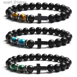 Corrente moda religião cruz homens mulheres 8mm pedra natural olho de tigre preto fosco ágata pulseira pulseira elástica pulseira jóiasl231115