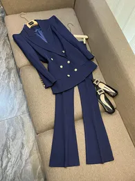 Kvinnors tvåbitar Pants Street Luxurious Design Royal Blue Women Fashion Two Pieces Blazers Set med axelkuddar Personisera Lady Suits 231115