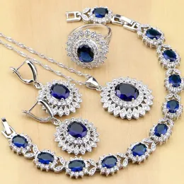 Wedding Jewelry Sets Natural Oval Blue Zircon White CZ Silver 925 Jewelry Sets For Women Party Earrings/Pendant/Necklace/Rings/Bracelet Drop 231115