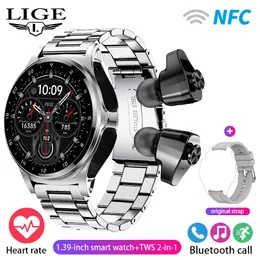 newst LIGE NFC Smartwatch TWS Bluetooth Headset Two-In-One 1.39HD Display IP67 Waterproof Heart Rate Monitor Male Sports Smartwarch Headset