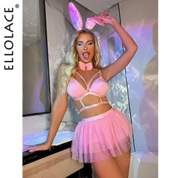 Set sexy Ellolace Bunny Pink Lingerie Gonna sexy a palloncino 5 pezzi Set esotici luminosi Pizzo Biancheria intima da discoteca Pole Dancing Ruffle Outfit 23115