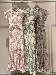 캐주얼 드레스 kuzuwata 일본 허리 포장 된 주름으로 된 가운 여성 레이스 업 플라잉 슬리브 인쇄 드레스 스프링 스탠드 칼라 슬림 한 waldidos 230414