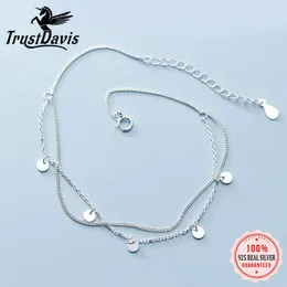 Anklets TrustDavis 925 Sterling Silver Fashion Sweet Double Leaer Round Wafer Chain Anklets for Women's Valentine's Day Gifte Jewelry DA671 231115