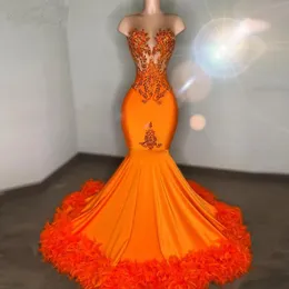 Orange Feathers mermaid Prom Dresses 2023 Crystal Beading gillter African Girls sheer o-neck Party Gowns Long aso ebi Evening Dress