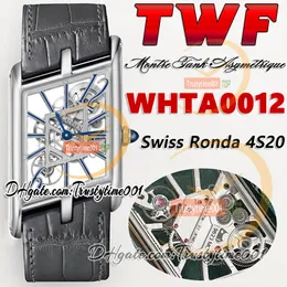 TWF TW0012 Swiss Ronda 4S20 Quartz Mens Watch Montre Asymetrique Unisex Watch Skeleton Dial Stick Markers Grey Leather Strap Super Edition TrustyTime001Watches
