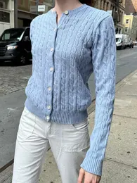 Pulls pour femmes Vintage bleu torsadé fleur tricot Cardigan automne coton col rond pull à simple boutonnage hauts Harajuku doux manteaux minces 231114