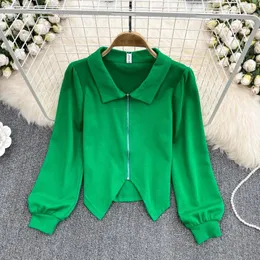 Kvinnors blusar amolapha kvinnors retro temperament lapel dragkedja oregelbundet svansbubbla bubbla hylsa cardigan jacka smal kort t-shirt