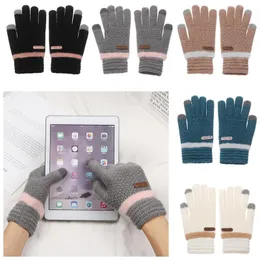 Five Fingers Gloves Winter Women Wool Knitted Thicken Warm Touch Screen Stretch Full Finger Mittens Outdoor Skiing Cycling