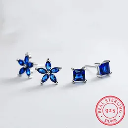 Stud Luxury Female Natural Blue Sapphire örhängen 925 Sterling Silver Wedding Earrings for Women Vintage Square Flower Studörhängen 231115