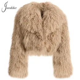 Women's Fur Faux Jxwatcher Mongolian Coat Women Big TurnDown Collar Short Real Winter Ladies Fashion Warm Fluffy Jacket Female Fall 231114