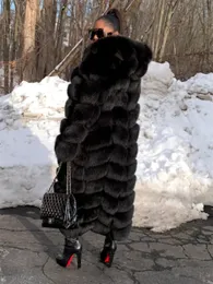 女性用の女性の毛皮のフェイクxlongリアルコート女性のための女性用贅沢なフード付きブラックナチュラルジャケットウィンターフルスリーブプラスサイズ231114