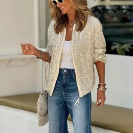 Kvinnans jackor 2023 Casual Summer Autumn Women Silvery Sequin Coat Vintage Solid Color Long Sleeve Oneck Zipper Office Lady Jacket 231114